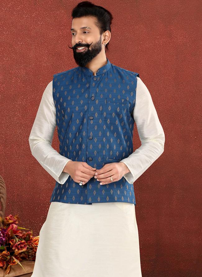 Cotton Silk Blue Festival Wear Embroidery Work Readymade Men's Waist Coat